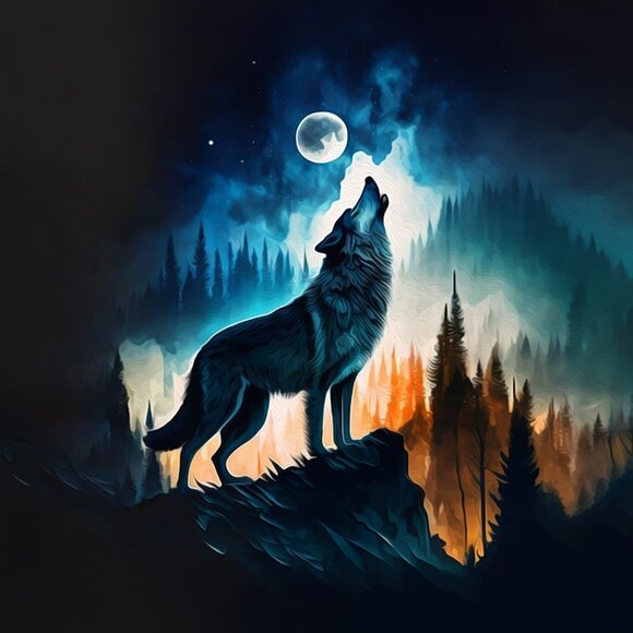 8x8 Wolf Howling at‎ the Moon Midnight Watercolor Oil Painting Art Print - Picture 3 of 6